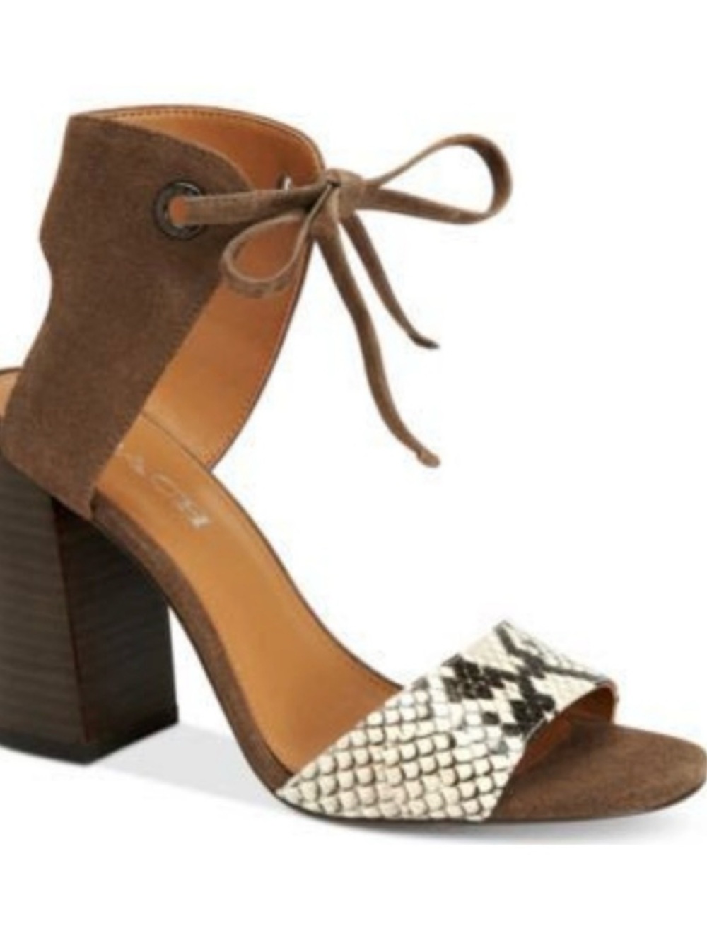 COACH Madison Lux Snake/Suede Heels Brown Suede Block Heel Sandal, Snake-Print